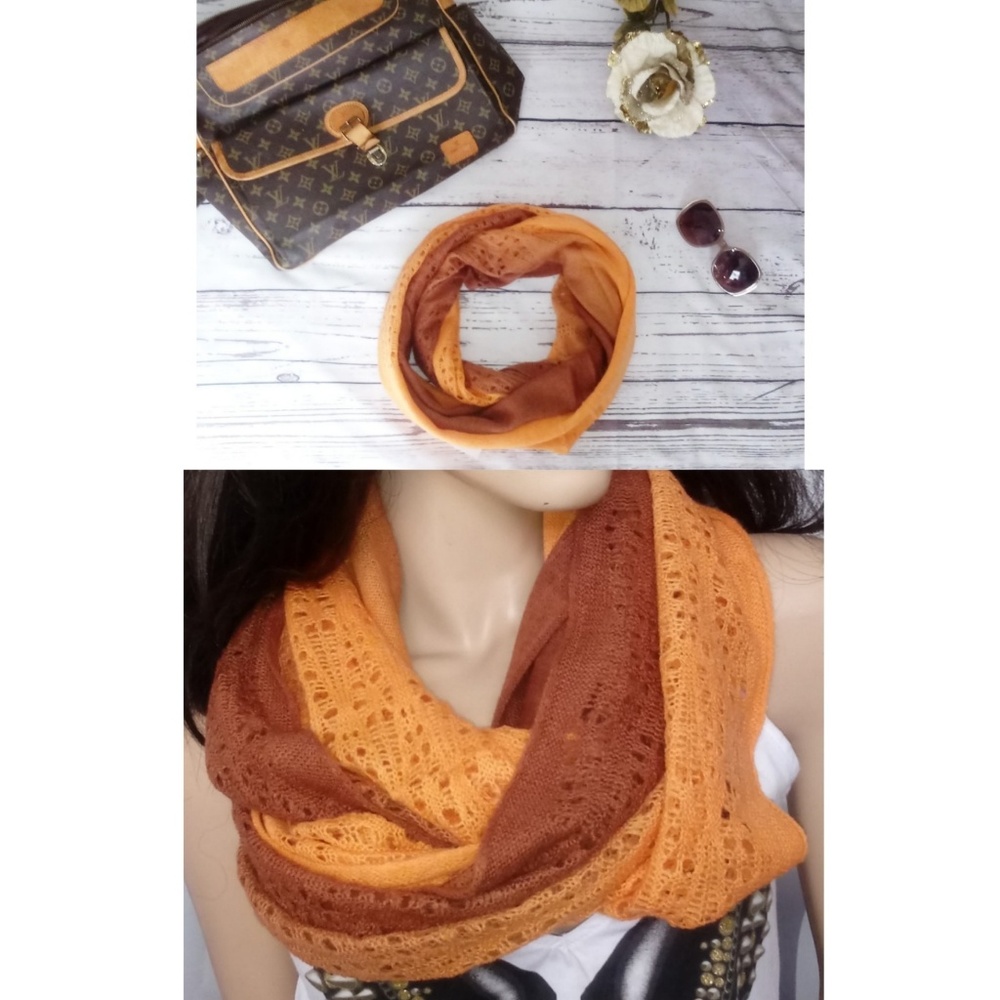 Orange brown fall pumpkin soft knit infinity scarf - Picture 2 of 4